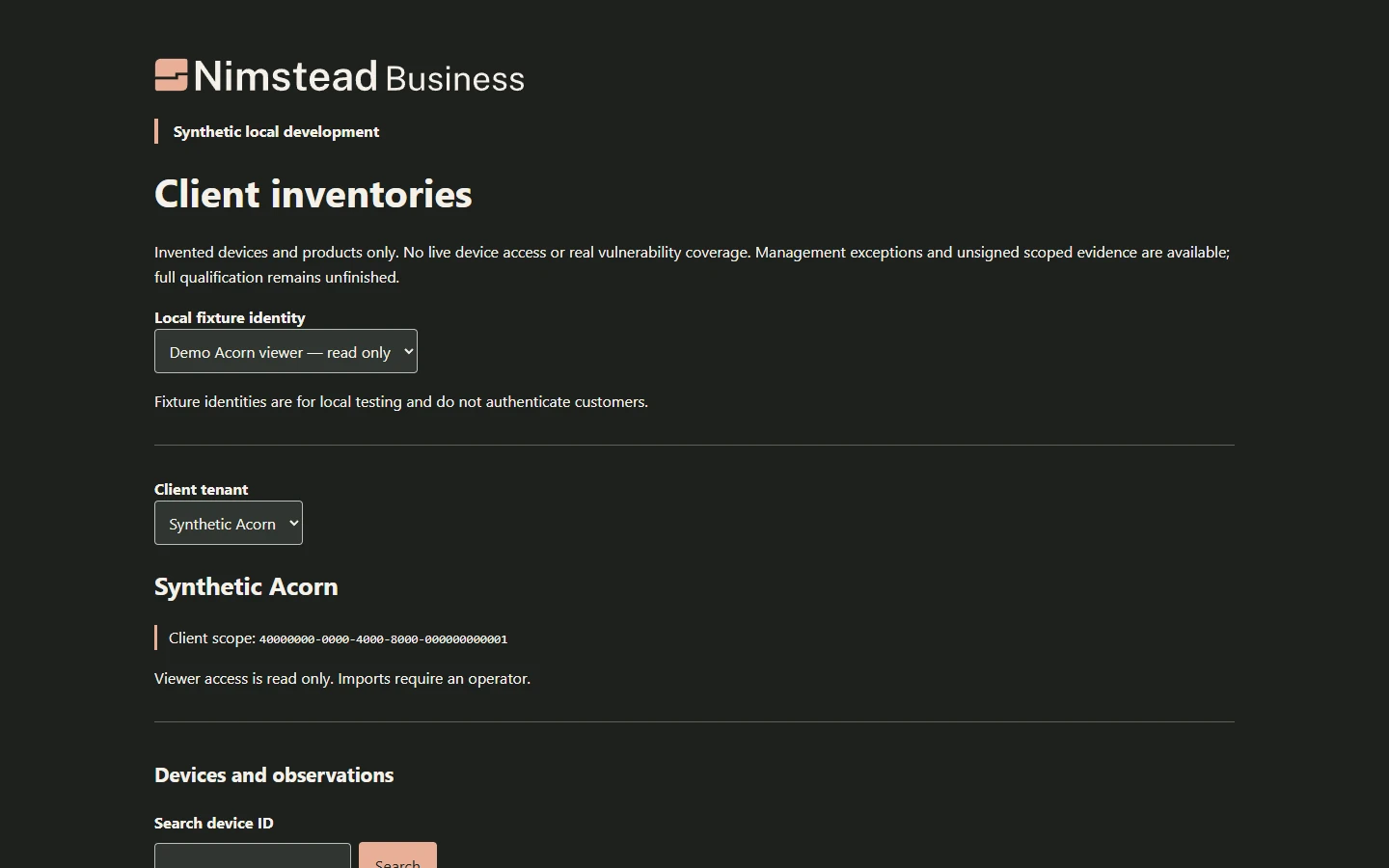 Nimstead Business development inventory with a clearly labelled synthetic local fixture and evidence details