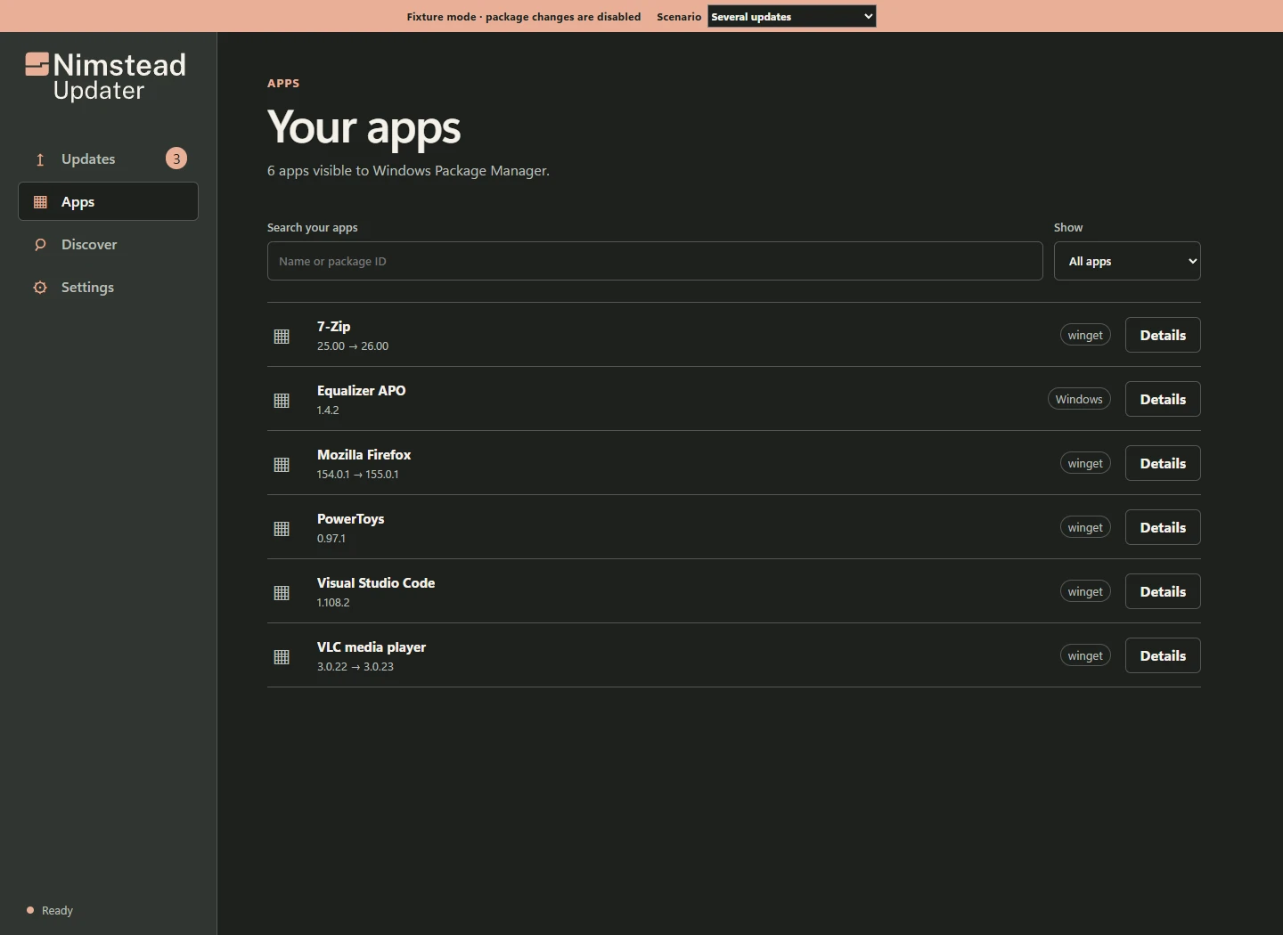 Nimstead Updater's Apps view in dark mode, with app inventory, installed versions and update controls in a safe sample fixture