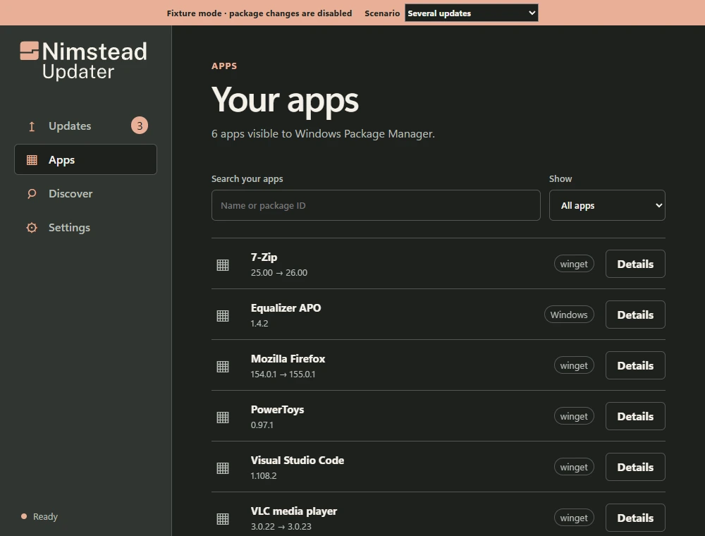 Nimstead Updater in dark mode showing app versions and available updates, using sample data