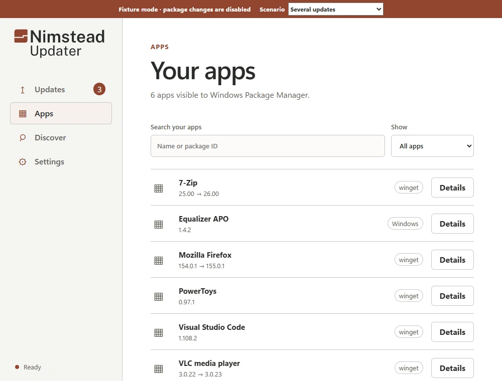 Nimstead Updater showing app versions and available updates, using sample data